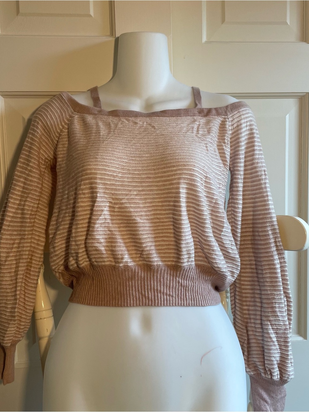 American Eagle Striped Off-Shoulder Cropped Sweater - Blush Pink